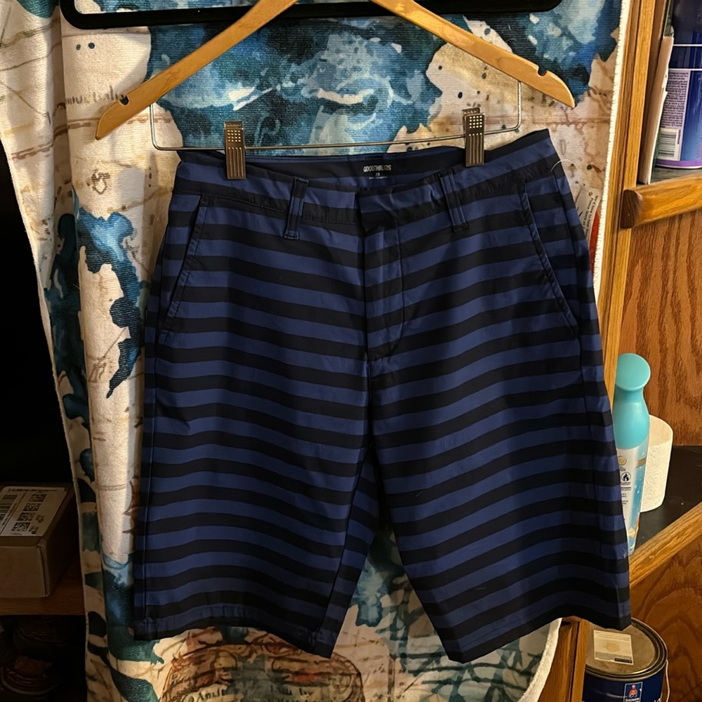Ladies, good threads blue and black striped shorts 28 in. waist 101/2 in. inseam